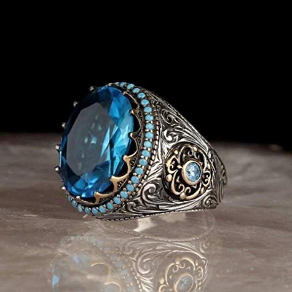 Ethnic Bohemia Style With Big Blue Oval CZ vintage Ring, MLNN1381